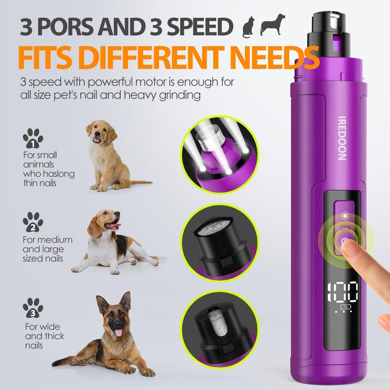 IREDOON Dog Nail Grinder Upgraded - Professional 3-Speed Super Quiet and Low Vibration Electric Pet Nail Grinder with 4 LED Lights - Painless Paws Grooming & Smoothing for Small to Large Dogs (Purple) - Image 3
